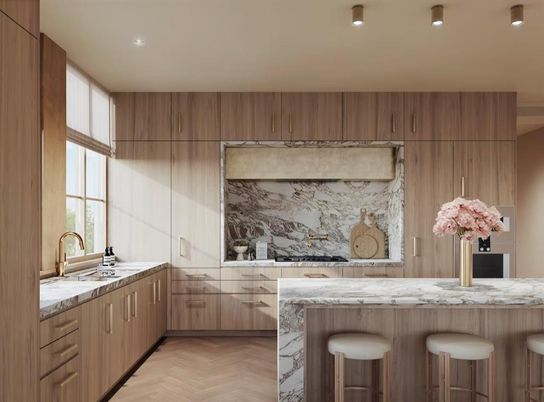 Interior, Kitchen, Marble Walls, Recessed Lighting, Wood Texture Flooring