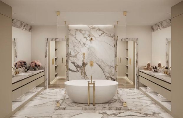 Bathroom, Free Standing Baths, Interior, Marble, Marble Walls, Recessed Lighting