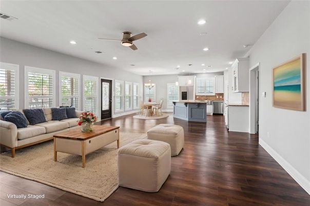 Chandelier, Dining room, Interior, Kitchen, Living room, Pendant Lights, Recessed Lighting, Wood Texture Flooring