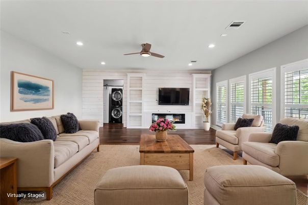Fireplace, Interior, Living room, Recessed Lighting, Wood Texture Flooring