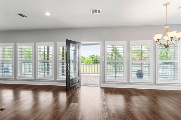 Chandelier, Empty room, Interior, Recessed Lighting, Wood Texture Flooring