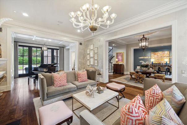 Chandelier, Dining room, Fireplace, Interior, Living room, Piano, Recessed Lighting, Wood Texture Flooring