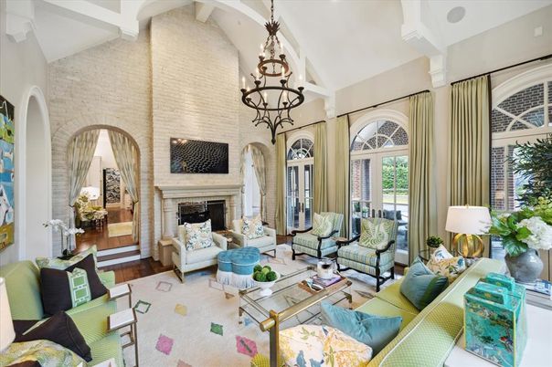 Chandelier, Fireplace, Interior, Living room, Stone Walls