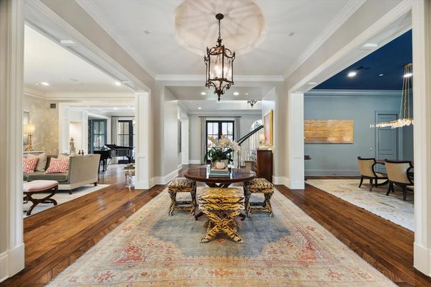 Chandelier, Dining room, Interior, Living room, Pendant Lights, Piano, Recessed Lighting, Wood Texture Flooring