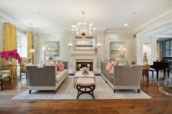 Chandelier, Fireplace, Interior, Living room, Piano, Recessed Lighting, Wood Texture Flooring