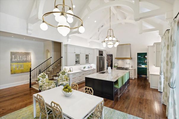 Chandelier, Interior, Kitchen, Pendant Lights, Recessed Lighting, Stainless Steel Appliances, Wood Texture Flooring