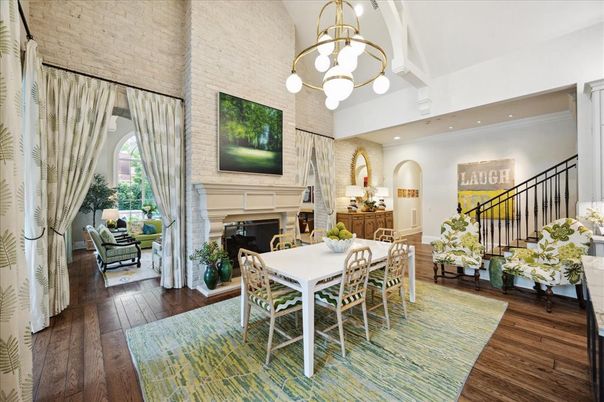 Dining room, Fireplace, Interior, Pendant Lights, Recessed Lighting, Wood Texture Flooring