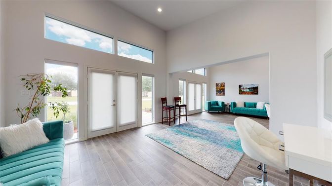 Dining room, Interior, Living room, Recessed Lighting, Wood Texture Flooring