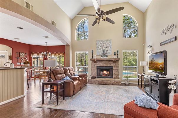 Chandelier, Dining room, Fireplace, Interior, Living room, Pendant Lights, Wood Texture Flooring