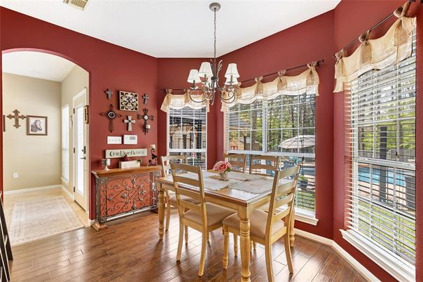 Chandelier, Dining room, Interior, Wood Texture Flooring