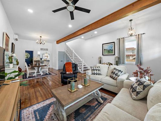 Chandelier, Dining room, Interior, Living room, Recessed Lighting, Wooden Beams, Wood Texture Flooring