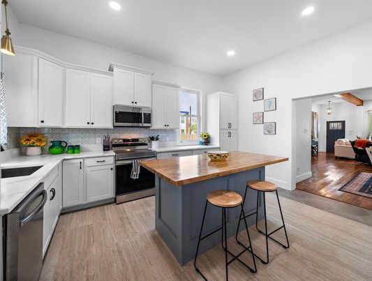 Interior, Kitchen, Pendant Lights, Recessed Lighting, Stainless Steel Appliances, Wood Texture Flooring