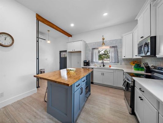 Interior, Kitchen, Pendant Lights, Recessed Lighting, Wooden Beams, Wood Texture Flooring