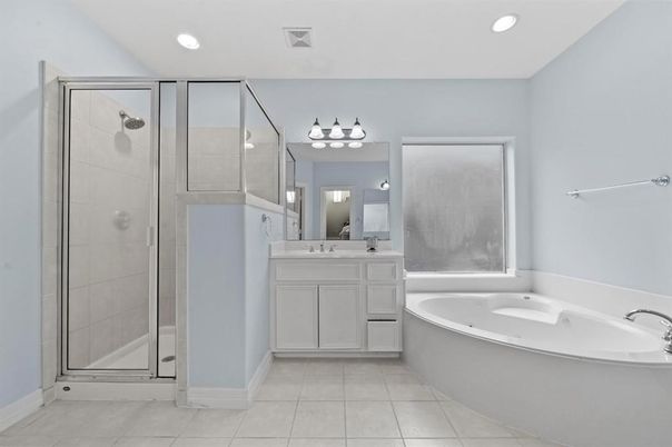 Bathroom, Dual Sink Vanities, Glass Shower, Interior, Recessed Lighting