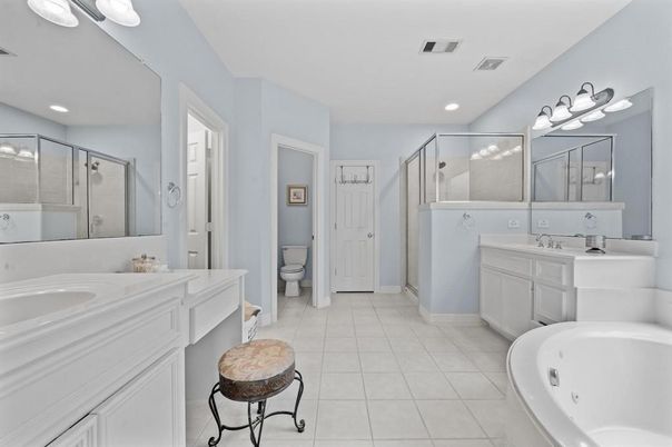Bathroom, Dual Sink Vanities, Glass Shower, Interior, Recessed Lighting