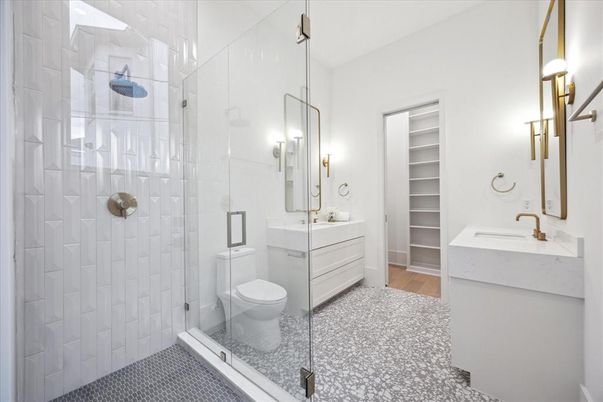 Bathroom, Dual Sink Vanities, Glass Shower, Interior, Wood Texture Flooring