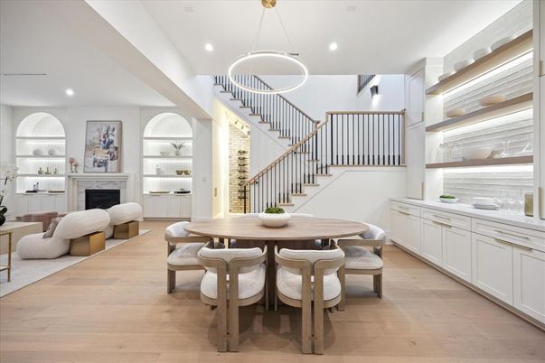 Dining room, Fireplace, Interior, Pendant Lights, Recessed Lighting, Wood Texture Flooring