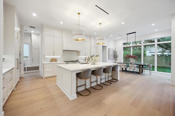 Dining room, Interior, Kitchen, Pendant Lights, Recessed Lighting, Wood Texture Flooring