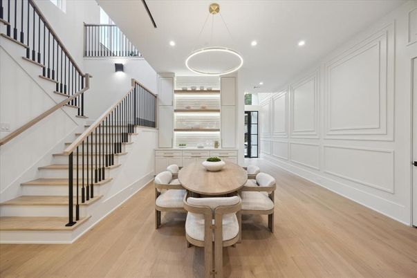 Dining room, Interior, Pendant Lights, Recessed Lighting, Wood Texture Flooring