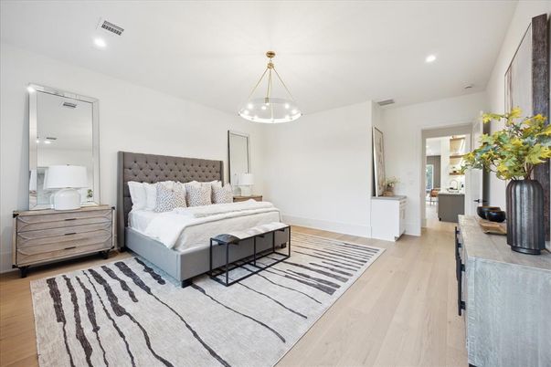 Bedroom, Interior, Pendant Lights, Recessed Lighting, Wood Texture Flooring