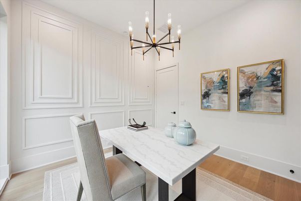 Chandelier, Dining room, Interior, Pendant Lights, Wood Texture Flooring