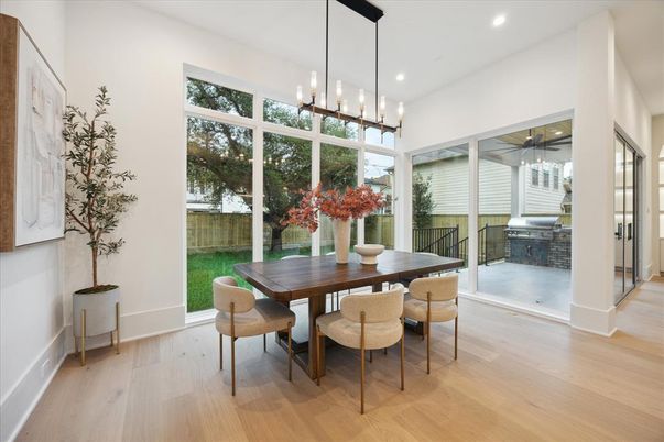 Dining room, Interior, Pendant Lights, Recessed Lighting, Wood Texture Flooring