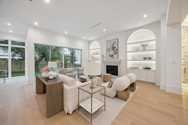 Fireplace, Interior, Living room, Recessed Lighting, Wood Texture Flooring