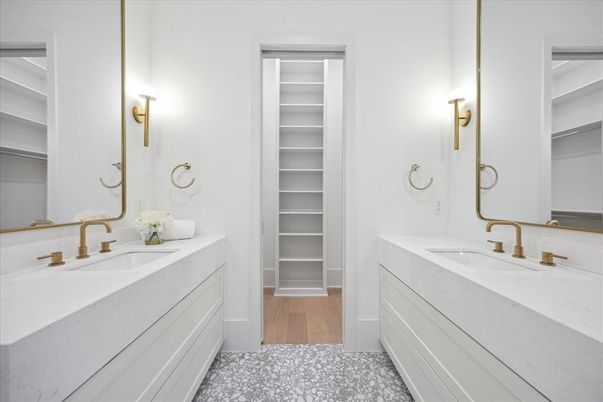 Bathroom, Dual Sink Vanities, Interior, Walk-in Closets, Wood Texture Flooring