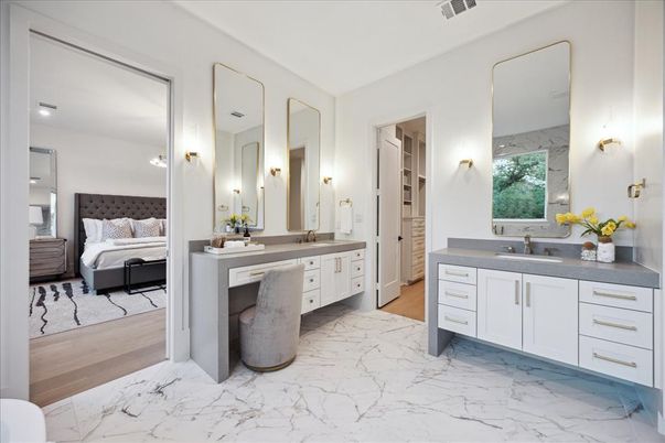 Bathroom, Bedroom, Dual Sink Vanities, Interior, Marble, Wood Texture Flooring