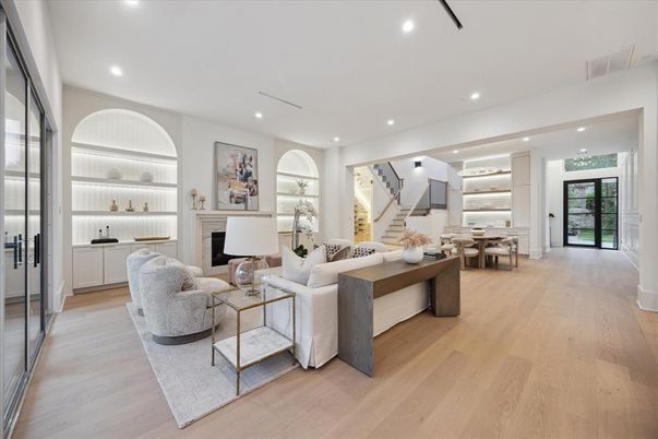 Dining room, Fireplace, Interior, Living room, Recessed Lighting, Wood Texture Flooring