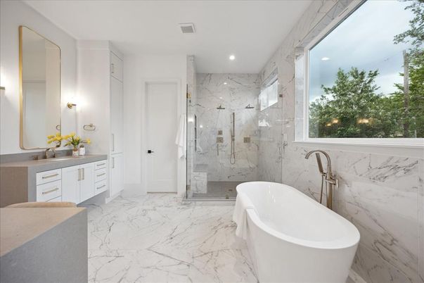 Bathroom, Dual Sink Vanities, Free Standing Baths, Glass Shower, Interior, Marble, Marble Walls, Recessed Lighting