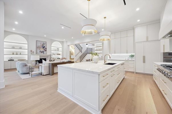 Fireplace, Interior, Kitchen, Living room, Pendant Lights, Recessed Lighting, Stainless Steel Appliances, Wood Texture Flooring