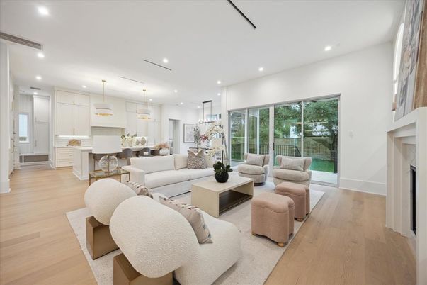 Dining room, Fireplace, Interior, Kitchen, Living room, Pendant Lights, Recessed Lighting, Wood Texture Flooring