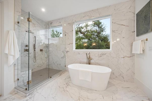 Bathroom, Free Standing Baths, Glass Shower, Interior, Marble, Marble Walls, Recessed Lighting