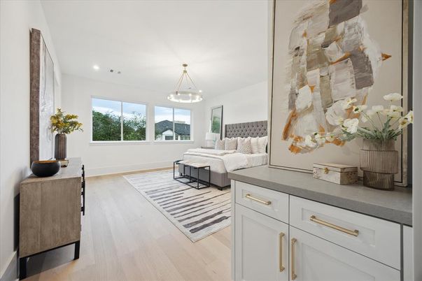 Bedroom, Interior, Pendant Lights, Recessed Lighting, Wood Texture Flooring
