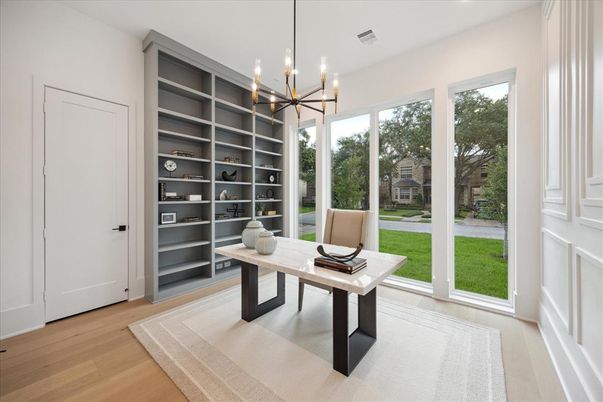 Home Office, Interior, Pendant Lights, Wood Texture Flooring