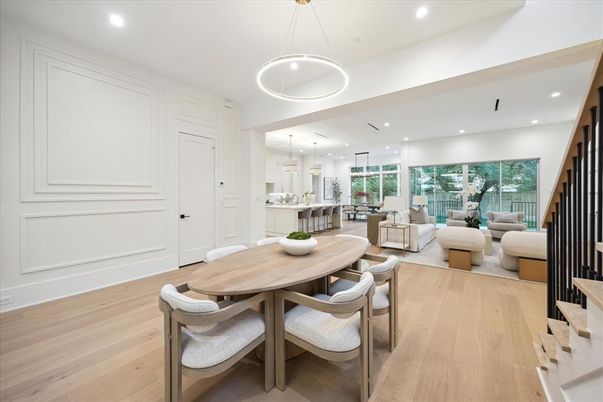 Dining room, Interior, Living room, Pendant Lights, Recessed Lighting, Wood Texture Flooring