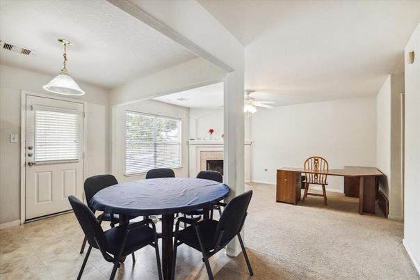 Dining room, Fireplace, Interior, Pendant Lights