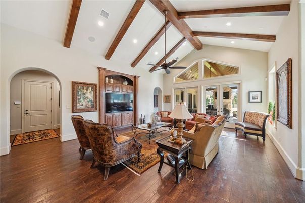 Interior, Living room, Recessed Lighting, Wooden Beams, Wood Texture Flooring
