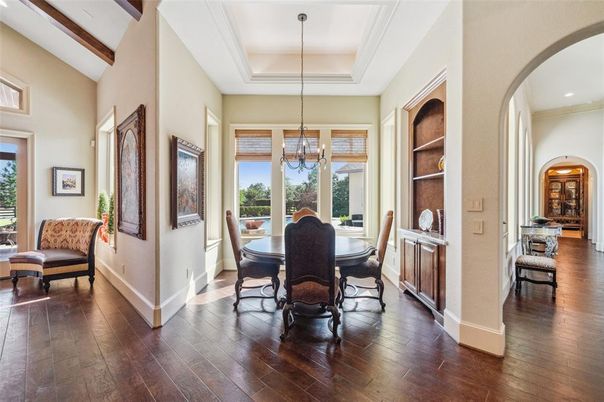 Chandelier, Dining room, Interior, Recessed Lighting, Wooden Beams, Wood Texture Flooring