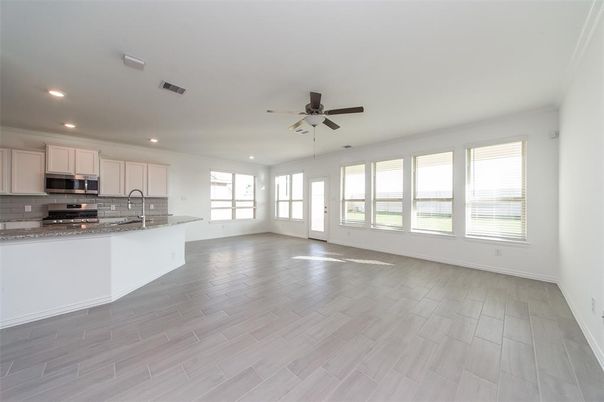 Empty room, Interior, Kitchen, Recessed Lighting, Wood Texture Flooring
