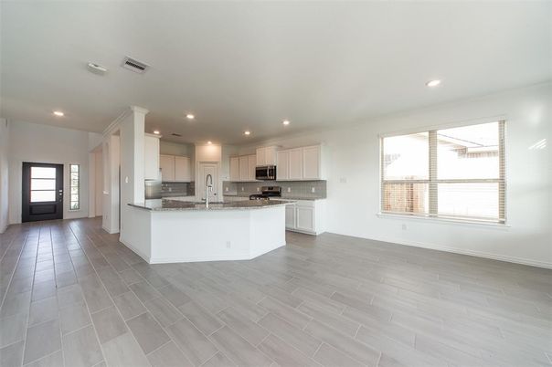 Empty room, Interior, Kitchen, Recessed Lighting, Wood Texture Flooring