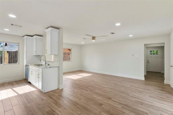 Empty room, Interior, Kitchen, Recessed Lighting, Wood Texture Flooring