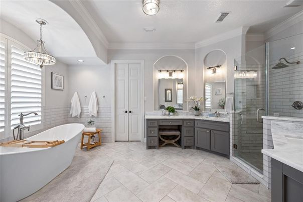 Bathroom, Dual Sink Vanities, Free Standing Baths, Glass Shower, Interior, Pendant Lights, Recessed Lighting