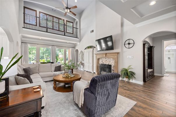 Fireplace, Interior, Living room, Recessed Lighting, Wood Texture Flooring