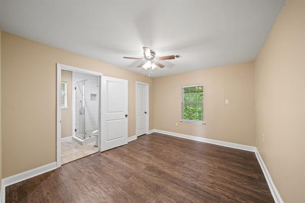 Bathroom, Empty room, Glass Shower, Interior, Wood Texture Flooring