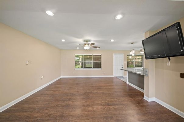 Empty room, Interior, Pendant Lights, Recessed Lighting, Wood Texture Flooring