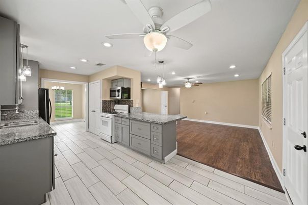 Interior, Kitchen, Pendant Lights, Recessed Lighting, Wood Texture Flooring