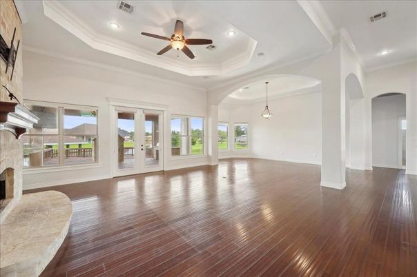 Empty room, Fireplace, Interior, Pendant Lights, Recessed Lighting, Wood Texture Flooring
