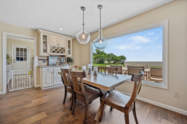 Dining room, Interior, Pendant Lights, Recessed Lighting, Wood Texture Flooring
